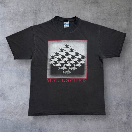 90s M.C. Escher エッシャー Sky & Water 騙し絵 アートT Hanes 黒 L a-t-2505-021
