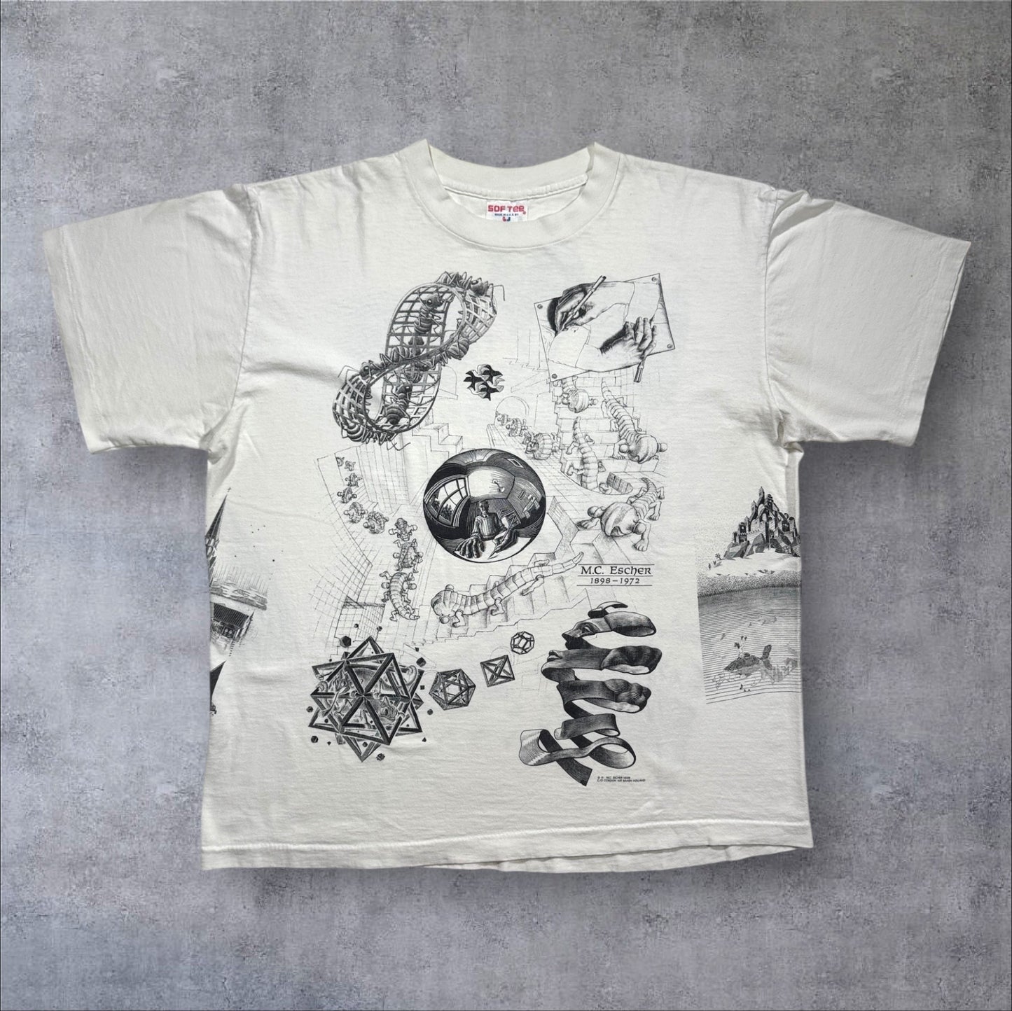 90s M.C. Escher エッシャー マルチプリント 両面 騙し絵 アートT AOP SOFTEE USA製 白 XL a-t-2505-022