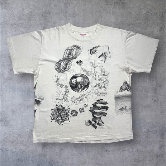 90s M.C. Escher エッシャー マルチプリント 両面 騙し絵 アートT AOP SOFTEE USA製 白 XL a-t-2505-022