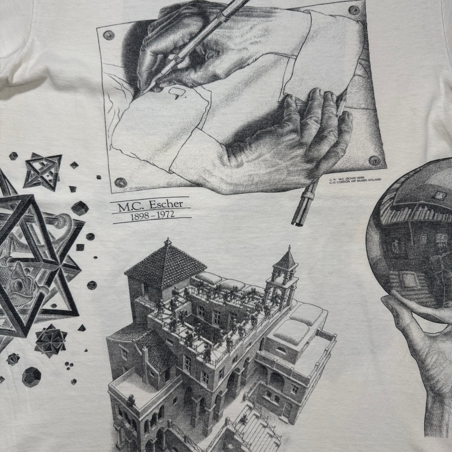 90s M.C. Escher エッシャー マルチプリント 両面 騙し絵 アートT AOP ANDAZIA USA製 白 M a-t-2505-019