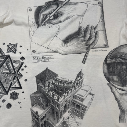 90s M.C. Escher エッシャー マルチプリント 両面 騙し絵 アートT AOP ANDAZIA USA製 白 M a-t-2505-019