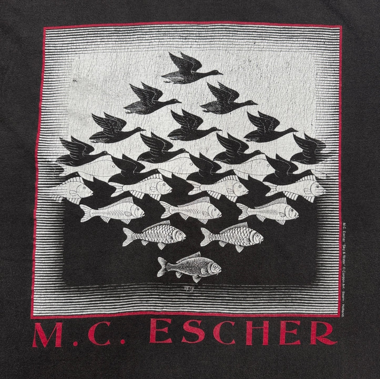 90s M.C. Escher エッシャー Sky & Water 騙し絵 アートT Hanes 黒 L a-t-2505-021