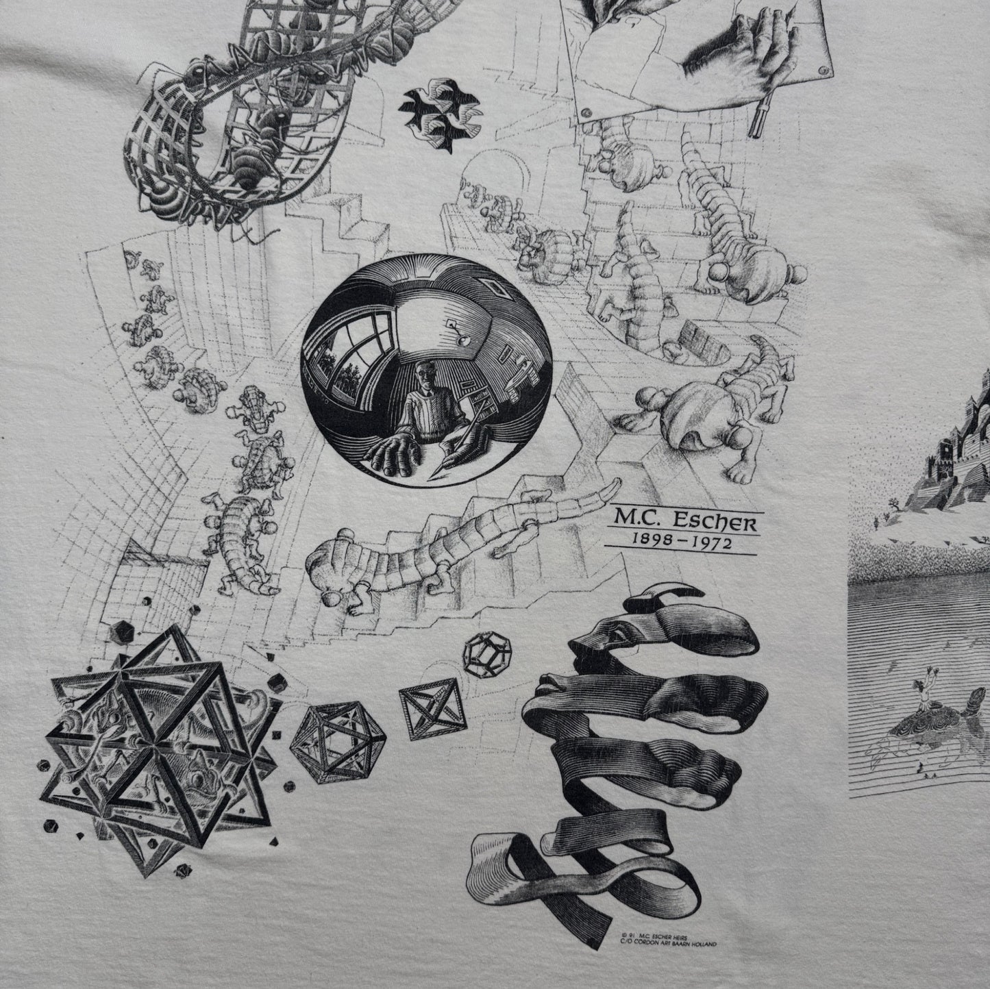 90s M.C. Escher エッシャー マルチプリント 両面 騙し絵 アートT AOP SOFTEE USA製 白 XL a-t-2505-022