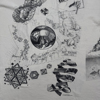 90s M.C. Escher エッシャー マルチプリント 両面 騙し絵 アートT AOP SOFTEE USA製 白 XL a-t-2505-022
