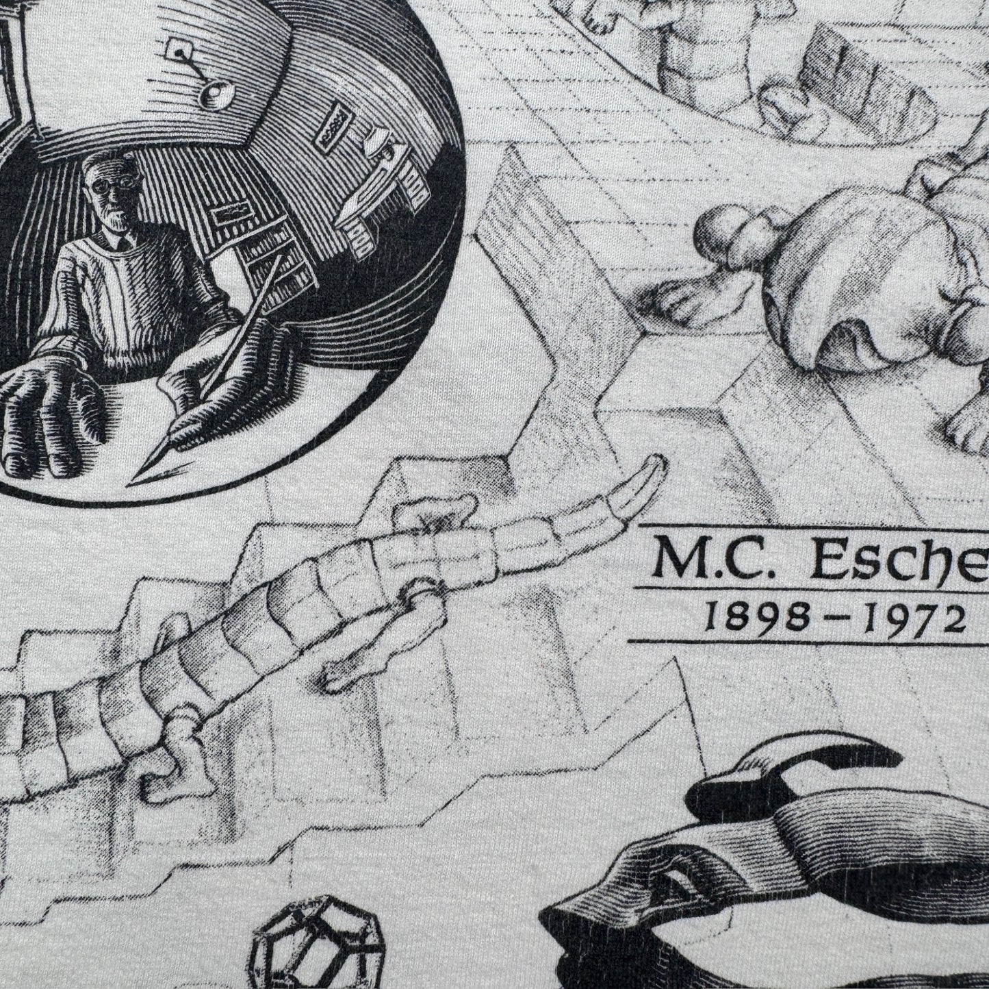 90s M.C. Escher エッシャー マルチプリント 両面 騙し絵 アートT AOP SOFTEE USA製 白 XL a-t-2505-022