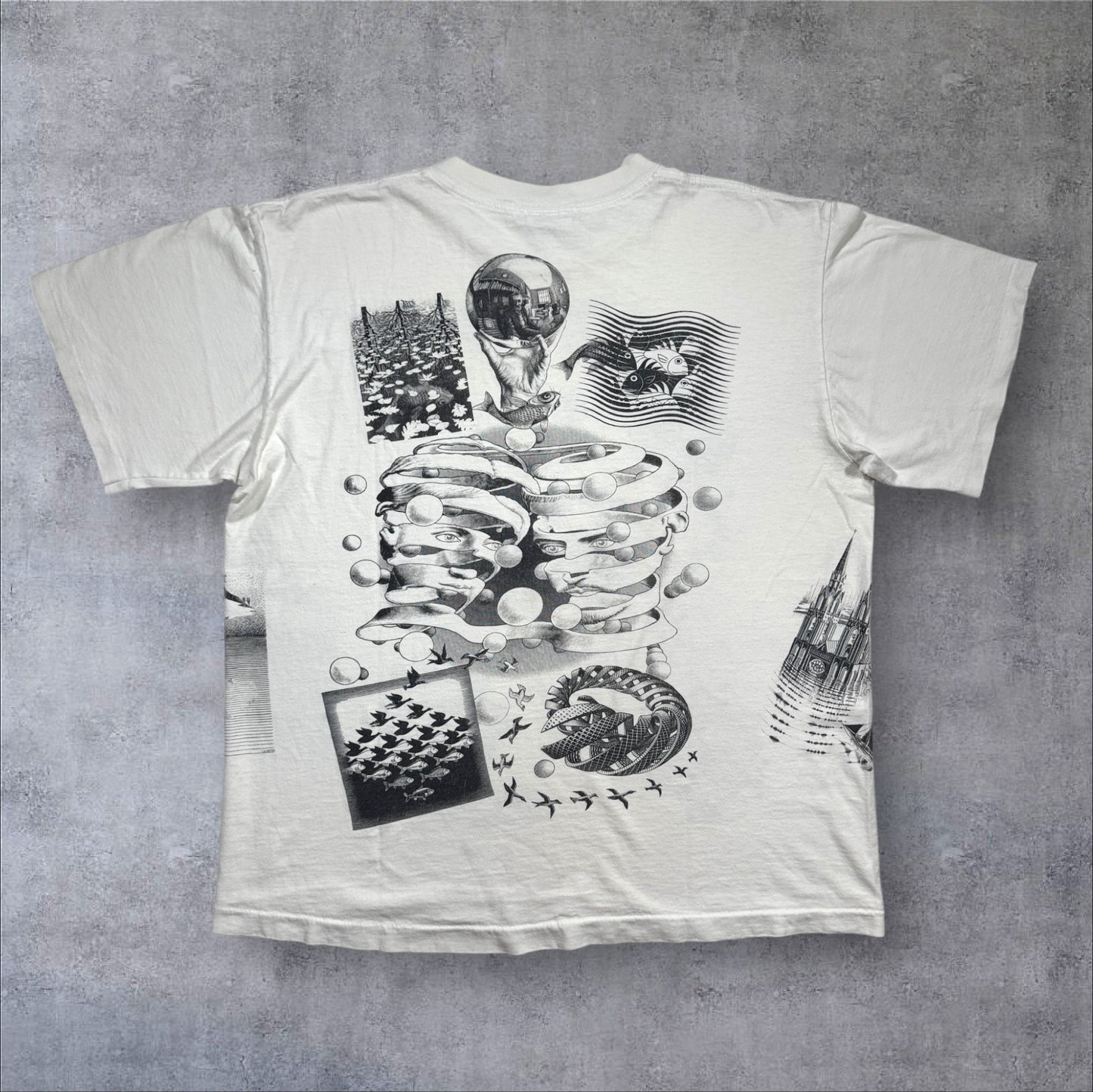 90s M.C. Escher エッシャー マルチプリント 両面 騙し絵 アートT AOP SOFTEE USA製 白 XL a-t-2505-022