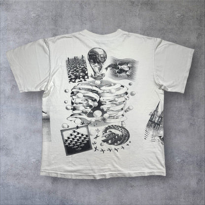 90s M.C. Escher エッシャー マルチプリント 両面 騙し絵 アートT AOP SOFTEE USA製 白 XL a-t-2505-022