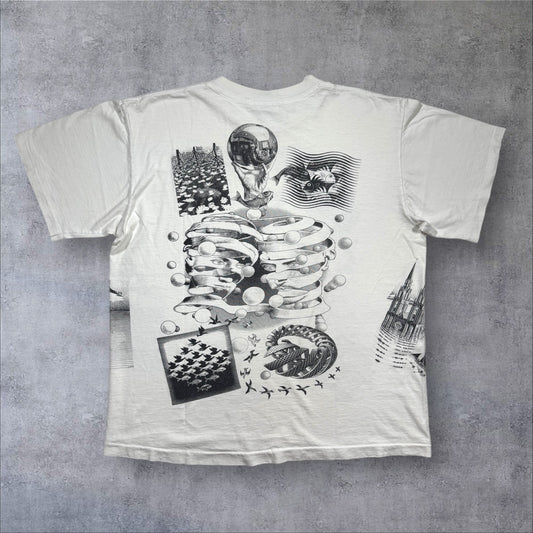 90s M.C. Escher エッシャー マルチプリント 両面 騙し絵 アートT AOP SOFTEE USA製 白 XL a-t-2505-022