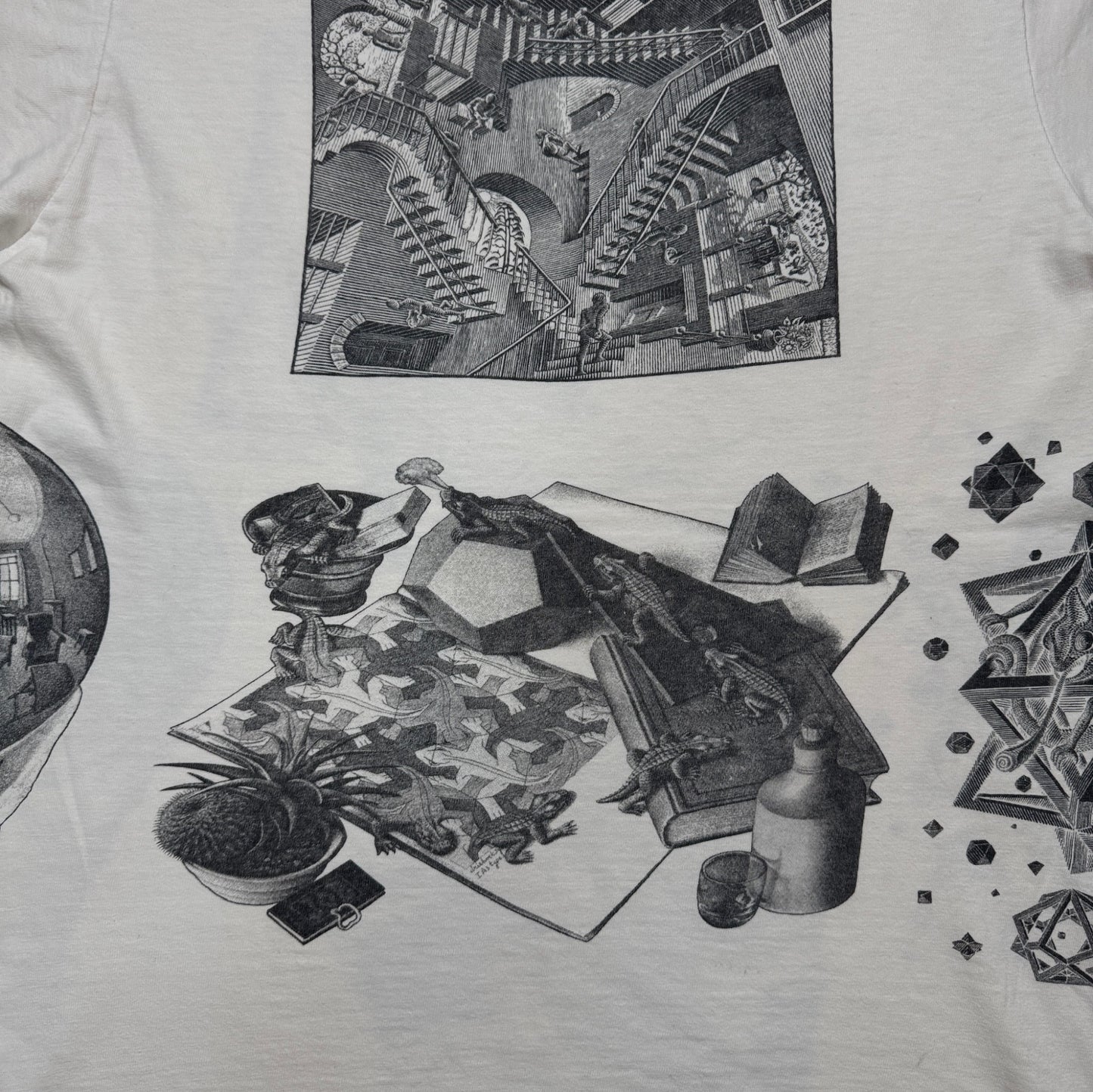 90s M.C. Escher エッシャー マルチプリント 両面 騙し絵 アートT AOP ANDAZIA USA製 白 M a-t-2505-019