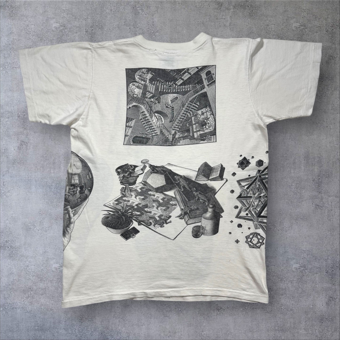 90s M.C. Escher エッシャー マルチプリント 両面 騙し絵 アートT AOP ANDAZIA USA製 白 M a-t-2505-019