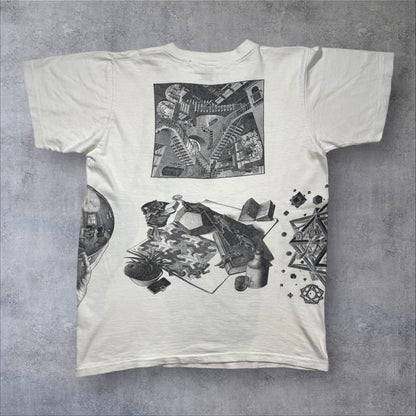 90s M.C. Escher エッシャー マルチプリント 両面 騙し絵 アートT AOP ANDAZIA USA製 白 M a-t-2505-019