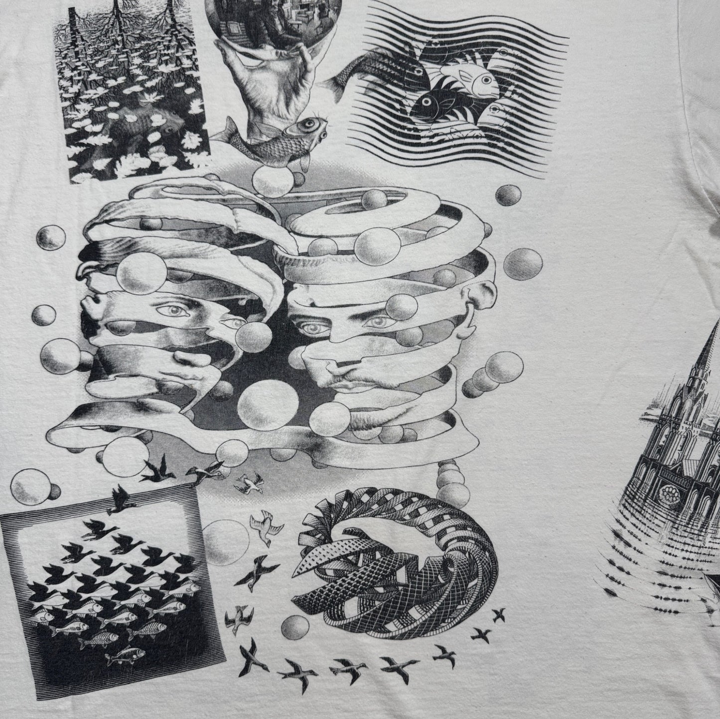 90s M.C. Escher エッシャー マルチプリント 両面 騙し絵 アートT AOP SOFTEE USA製 白 XL a-t-2505-022