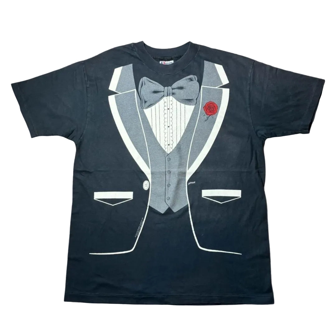 80s タキシード 騙し絵 アートT Hanes USA製 ブラック XL a-u-2505-086