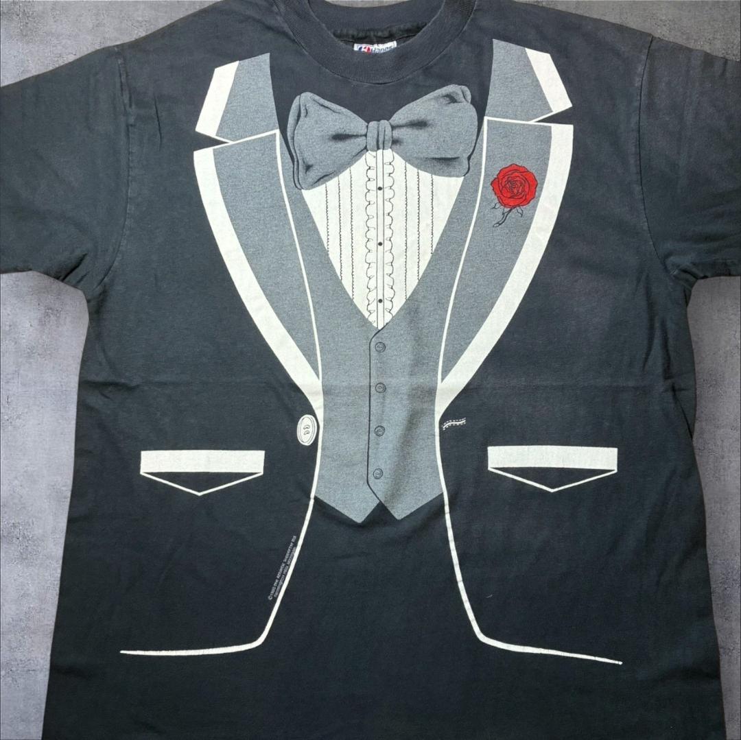 80s タキシード 騙し絵 アートT Hanes USA製 ブラック XL a-u-2505-086