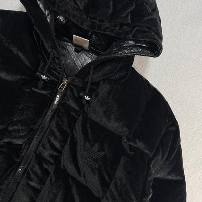 90s adidas アディダス ベロア ダウンジャケット ブラック 銀タグ L ja-2603-020
