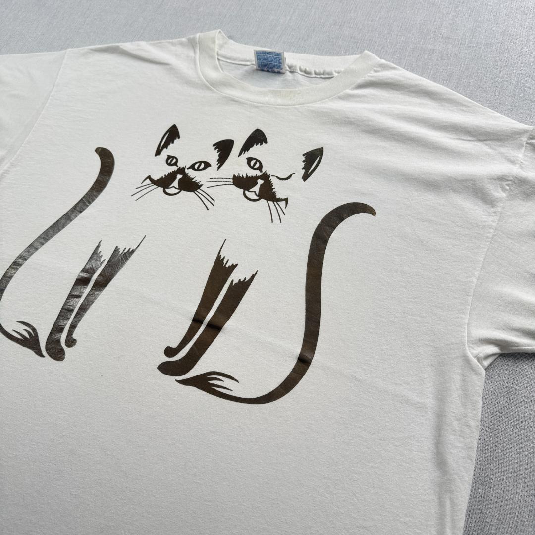90s Tシャツ 猫 白 アートT USA製 a-u-2505-047