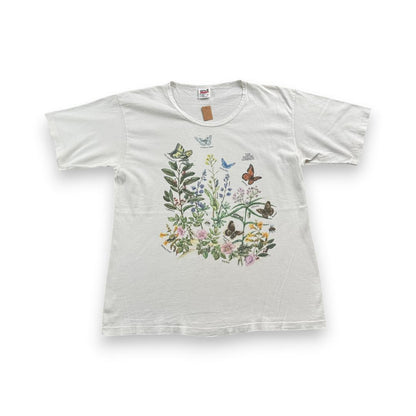 90s 花 蝶々 アートT Tシャツ 白 USA製 虫 L a-u-2505-064