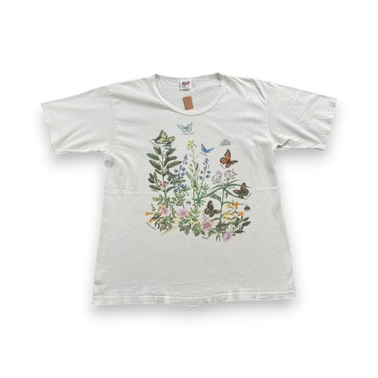 90s 花 蝶々 アートT Tシャツ 白 USA製 虫 L a-u-2505-064