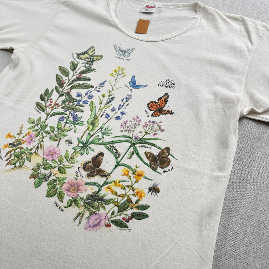 90s 花 蝶々 アートT Tシャツ 白 USA製 虫 L a-u-2505-064