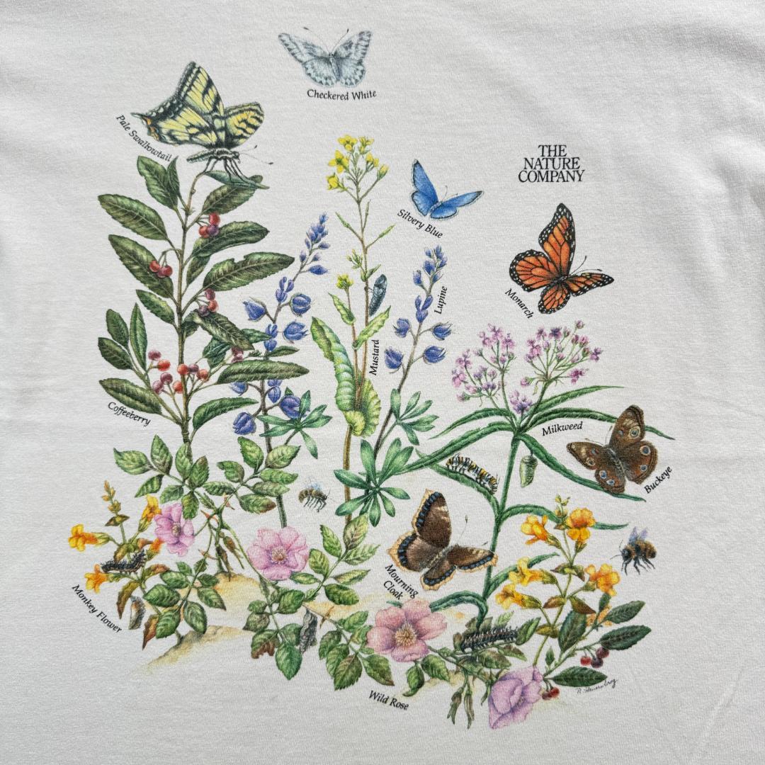 90s 花 蝶々 アートT Tシャツ 白 USA製 虫 L a-u-2505-064