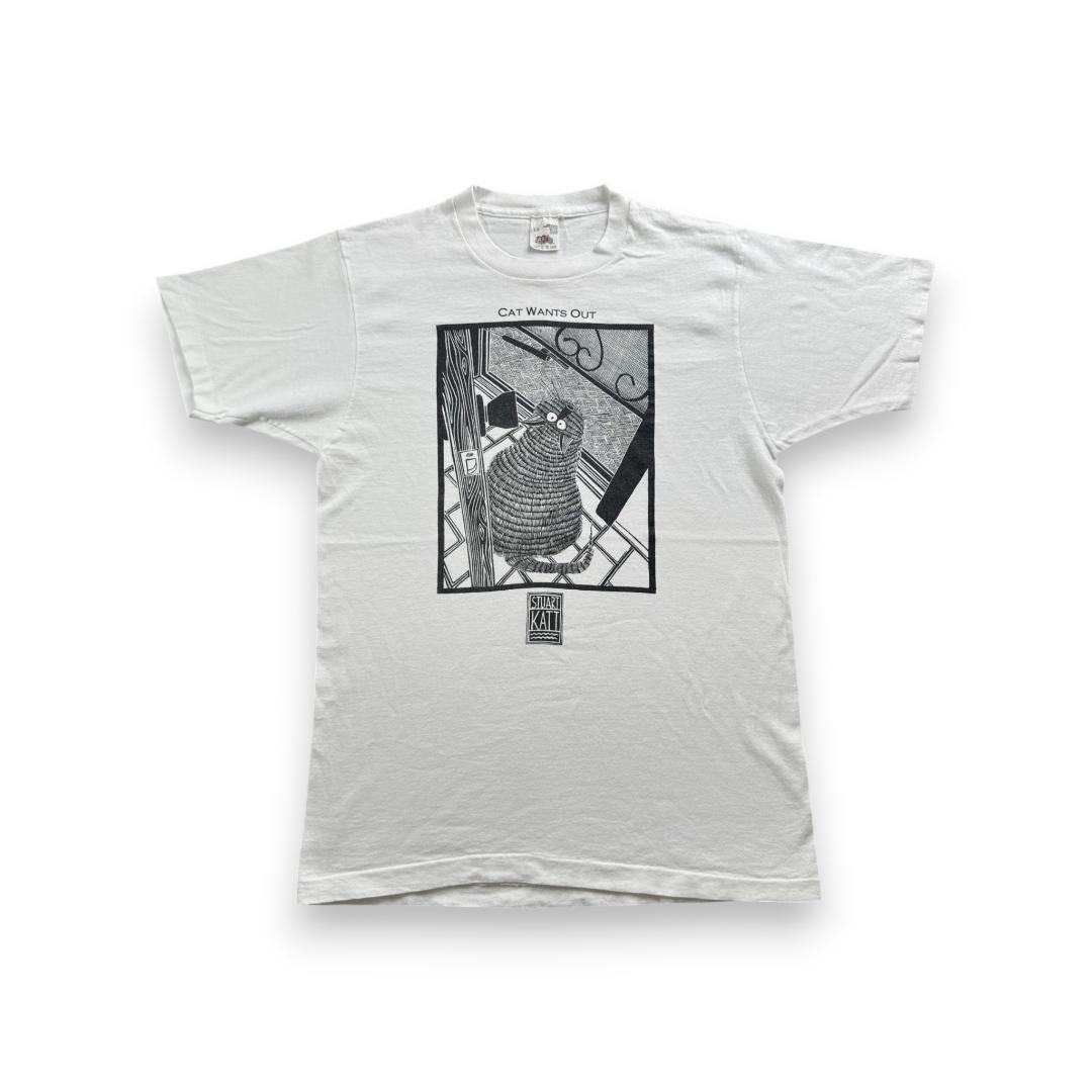 90s Tシャツ アートT 猫 Stuart Katt CAT 白 a-u-2505-082