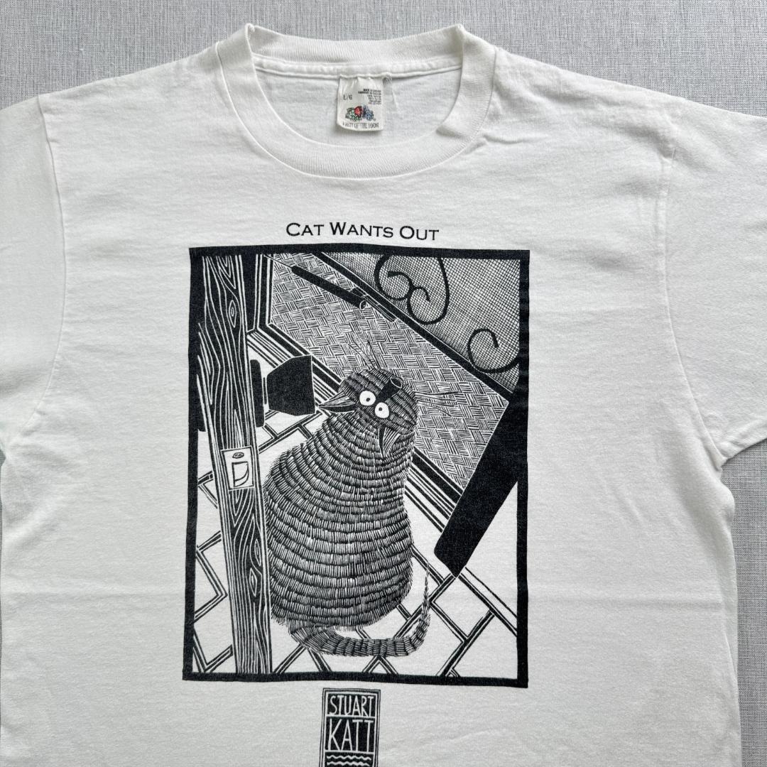 90s Tシャツ アートT 猫 Stuart Katt CAT 白 a-u-2505-082