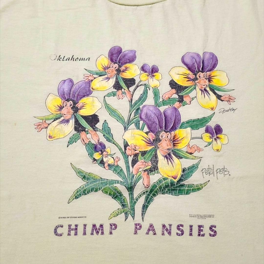 90s 00s Tシャツ アートT チンパンジー 花 猿 a-000046