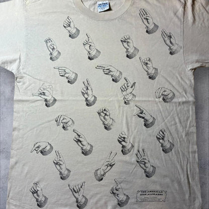 90s 手話 The american sign alphabet アートT ギルダン カナダ製 ベージュ XL a-u-2505-072