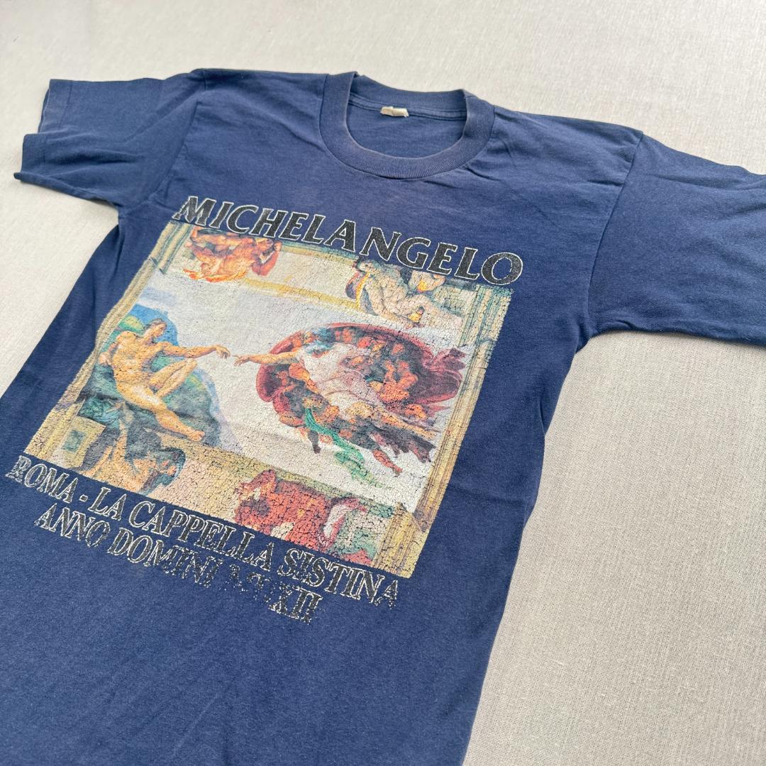 80s Michelangelo ミケランジェロ アダムの創造 アート Tシャツ a-u-2505-045