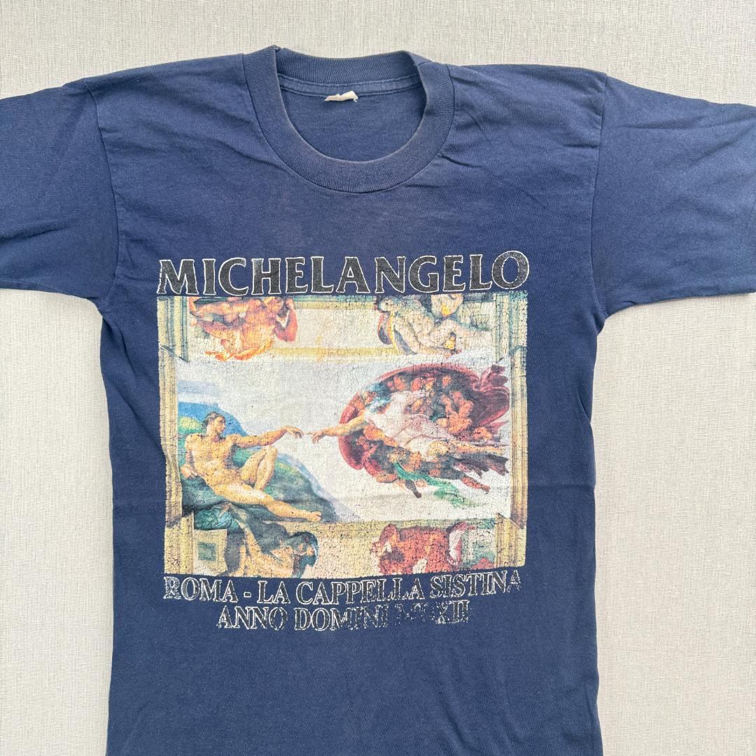 80s Michelangelo ミケランジェロ アダムの創造 アート Tシャツ a-u-2505-045