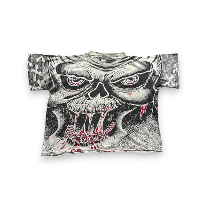 90s Tシャツ スカル 総柄 AOP ホラー 白黒 a-t-2505-013