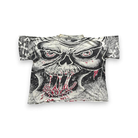 90s Tシャツ スカル 総柄 AOP ホラー 白黒 a-t-2505-013