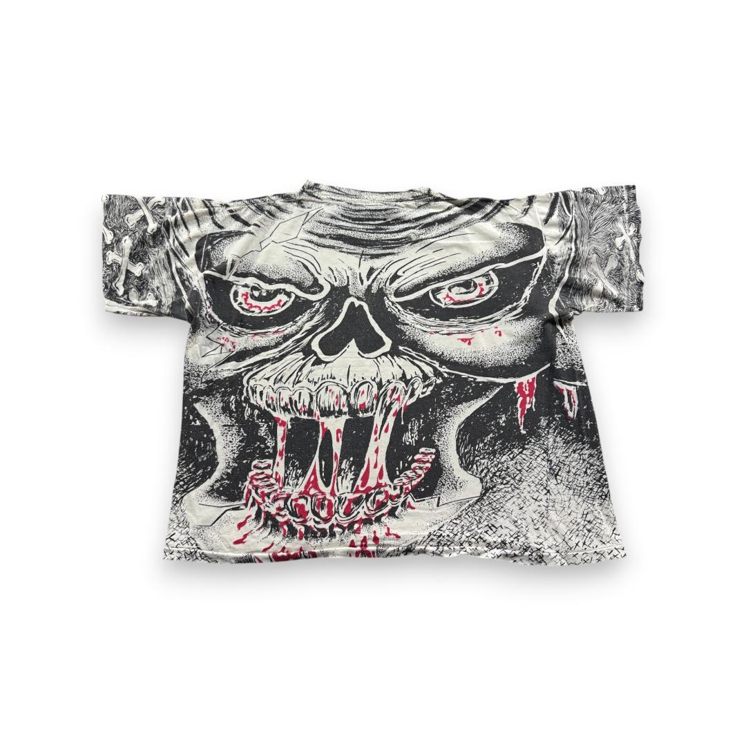 90s Tシャツ スカル 総柄 AOP ホラー 白黒 a-t-2505-013