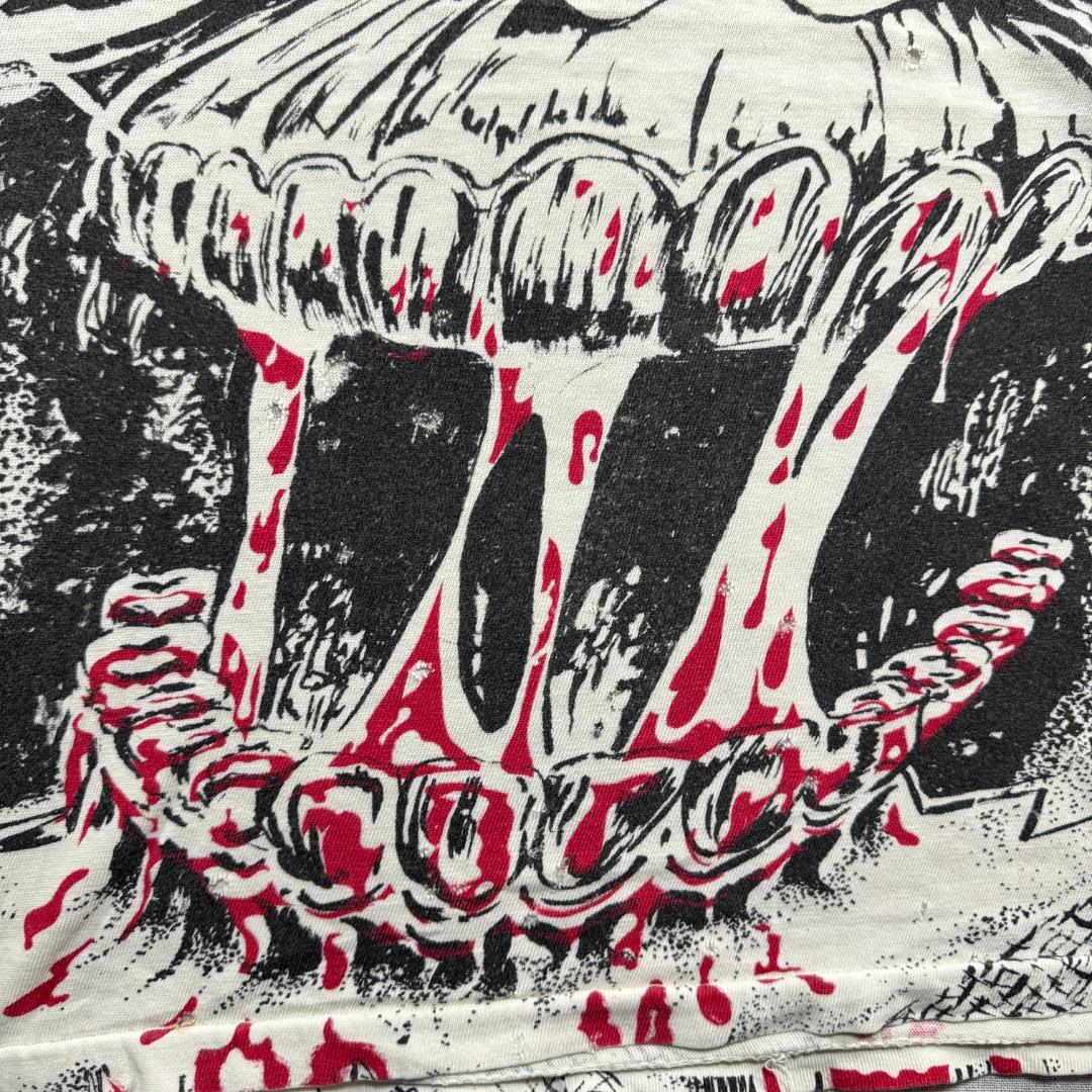 90s Tシャツ スカル 総柄 AOP ホラー 白黒 a-t-2505-013