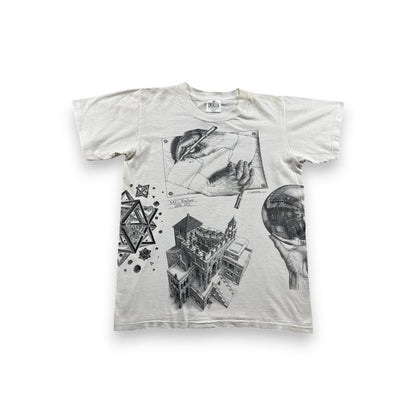 90s M.C. エッシャー Tシャツ だまし絵 アートT 白 M a-t-2505-019
