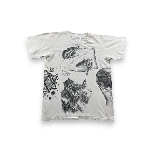 90s M.C. エッシャー Tシャツ だまし絵 アートT 白 M a-t-2505-019