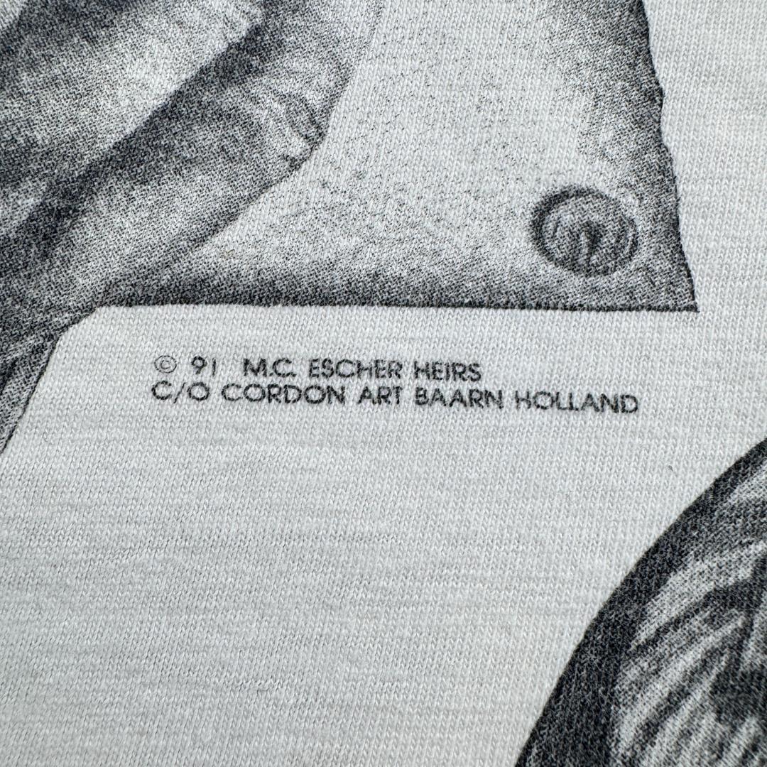 90s M.C. エッシャー Tシャツ だまし絵 アートT 白 M a-t-2505-019