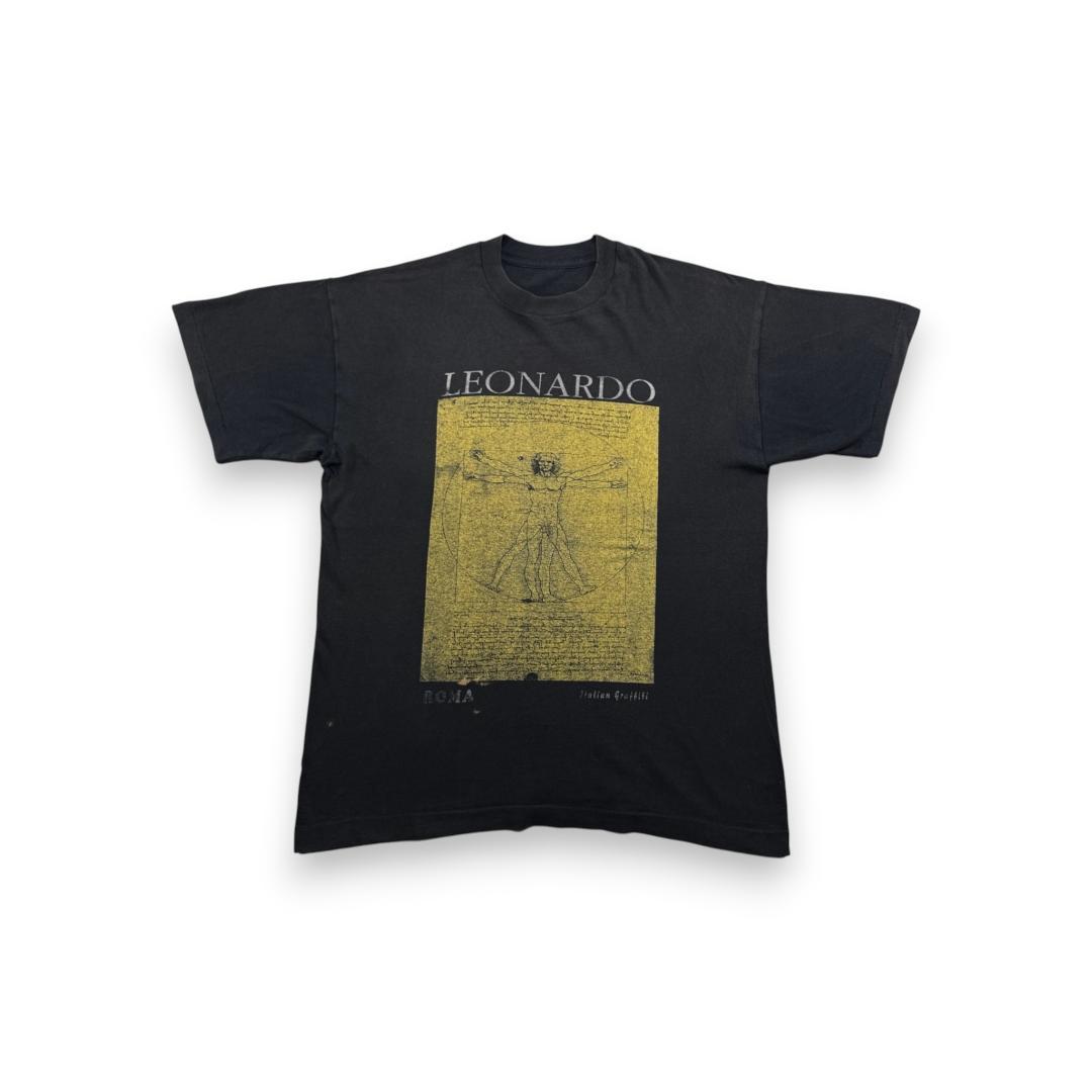 90s Tシャツ レオナルド ダヴィンチ アート ROMA 黒 a-t-2505-004